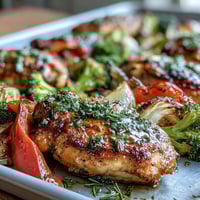 Healthy 5-Ingredient Sheet Pan Chicken and Veggies with tender chicken breasts and colorful roasted vegetables for a quick weeknight dinner.