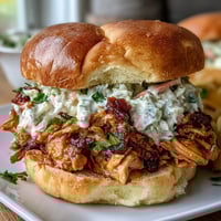 Slow cooker Mississippi chicken sliders piled high with creamy coleslaw on soft slider buns, perfect for a casual dinner or game day spread.