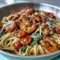 One-pot garlic shrimp with angel hair pasta in a bright lemon sauce, surrounded by colorful spring vegetables.
