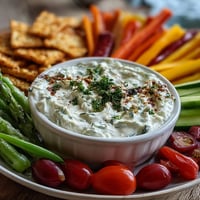 Whipped cottage cheese ranch dip with colorful veggie sticks, perfect for healthy snacking or parties.  