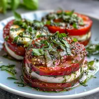 Ripe tomatoes and mozzarella arranged with fresh basil, drizzled with fragrant basil oil for a vibrant summer salad.