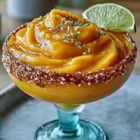 Frozen Mango Margarita Mocktail in a salt-rimmed glass with lime wedge and mango garnish, served over ice for a refreshing tropical treat.