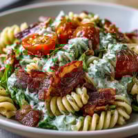 A colorful BLT pasta salad with creamy avocado ranch, crispy bacon, and fresh veggies for a summer picnic.