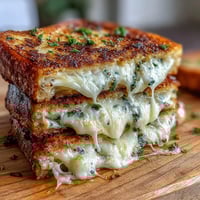 Two golden-brown naan bread slices grilled to crispy perfection, filled with gooey melted mozzarella and fresh herbs on a wooden serving board.