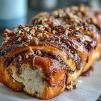 A golden, twisted Nutella babka loaf with rich chocolate-hazelnut swirls and a glossy syrup glaze, perfect for indulgent brunches.
