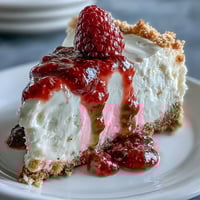 No-Bake Cheesecake with Raspberry Coulis on a serving plate, creamy and smooth with a vibrant red coulis drizzle.  