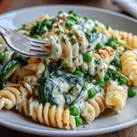 One-Pot Lemon Ricotta Pasta with Peas and Spinach in a creamy sauce with lemon zest and Parmesan.