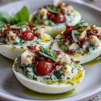 Caprese deviled eggs with basil oil and tomato, garnished with fresh mozzarella and basil leaves.