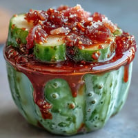 Chamoy Pickle Kit in a Cup: tangy dill pickle wrapped in fruit roll-up, drizzled with zesty chamoy and Tajín seasoning.  