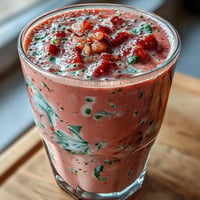 A vibrant strawberry spinach smoothie in a glass, topped with fresh strawberry slices and a sprinkle of chia seeds.  