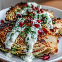 Smoky grilled cabbage wedges drizzled with creamy tahini sauce and topped with fresh parsley and juicy pomegranate seeds.