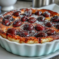 Fresh Cherry Clafoutis, golden baked with plump cherries in a sweet vanilla custard.